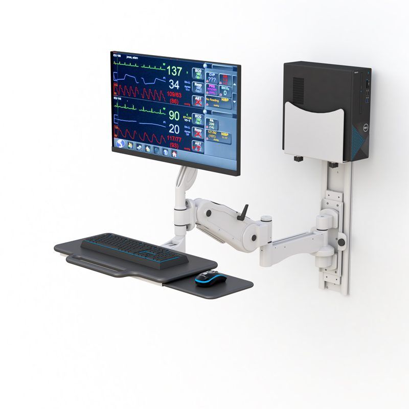 AFC Medical Furniture: Maximize Efficiency with Computer Workstation Wall Mount - Secure and Durable Installation 1 Wall‑mounted medical computer workstation with monitor arm, keyboard tray, and CPU holder on vertical track.