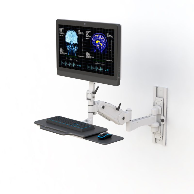 Brazo para monitor de pared y bandeja para teclado 1 Wall-mounted monitor arm with foldable keyboard tray, adjustable height, and ergonomic design.