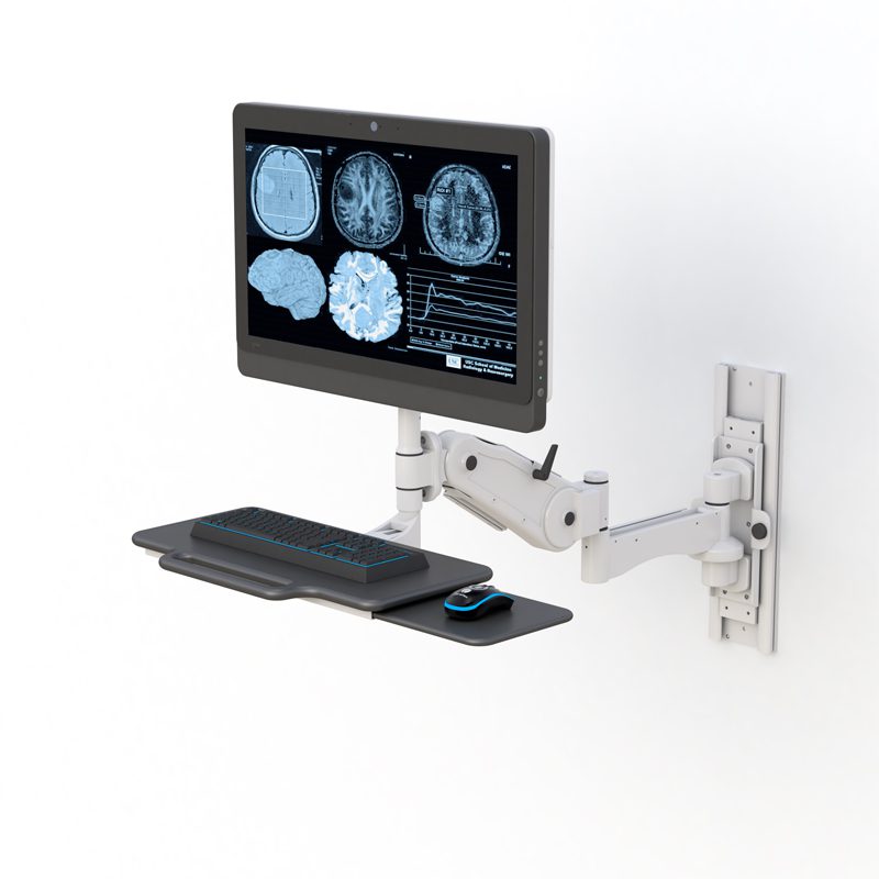 Ergonomic Productivity: AFC's Wall Mounted Computer Display and Keyboard Arm 1 Wall-mounted monitor arm with 12" height adjustment, 45" extension, foldable keyboard tray, and antimicrobial finish.
