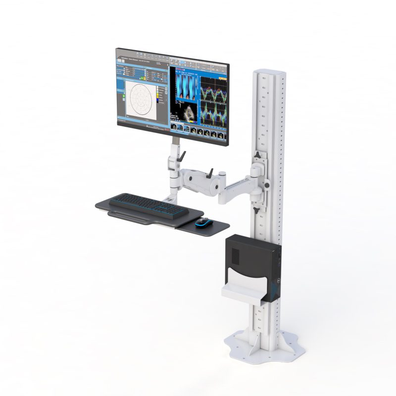Maximize Productivity: AFC Floor Stand Computer Monitor Arm 1 Triple monitor desk stand clamp with adjustable arms mounted on an industrial workstation for ergonomic productivity.
