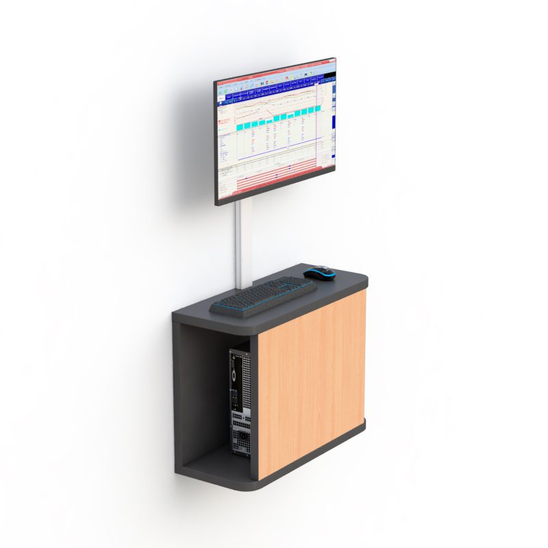 AFC Complete Computer Set Wall Mount: Streamlined and Space-Saving Workstation Solution 6 Installed in a clinical environment with tray folded away and monitor ready for use.