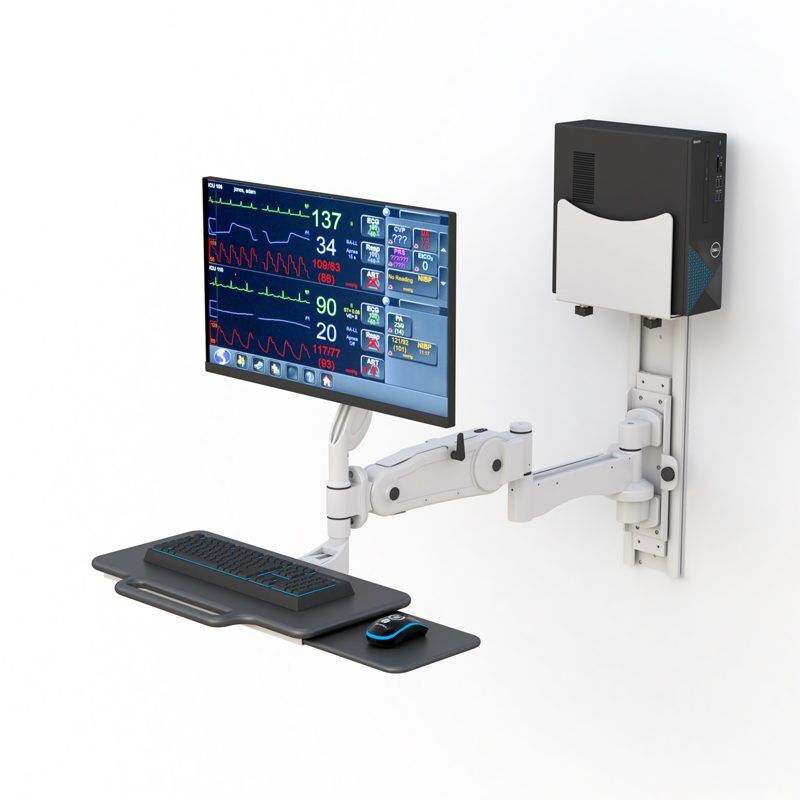 AFC Medical Furniture: Maximize Efficiency with Computer Workstation Wall Mount - Secure and Durable Installation 9 Side view showing articulating monitor arm, keyboard tray in typing position, and space-saving track design.