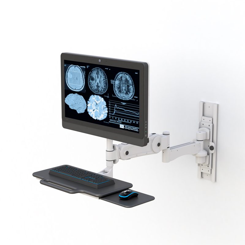 Ergonomic Productivity: AFC's Wall Mounted Computer Display and Keyboard Arm 10 Side view showing monitor arm extended with keyboard tray folded beneath, mounted on wall track.