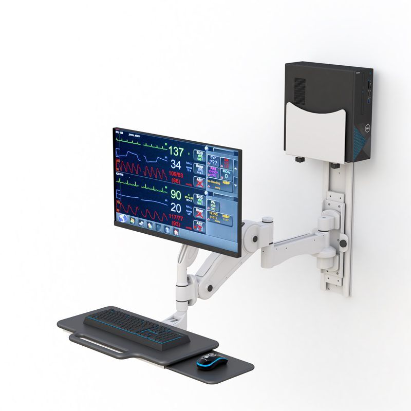 AFC Medical Furniture: Maximize Efficiency with Computer Workstation Wall Mount - Secure and Durable Installation 8 Front perspective of workstation with elevated monitor and slide‑out keyboard tray ready for use.