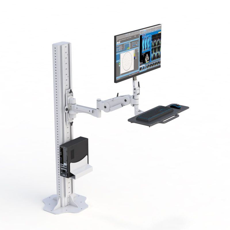 Maximize Productivity: AFC Floor Stand Computer Monitor Arm 6 Triple monitor desk stand clamp setup integrated into a floor-mounted industrial computer station with storage.