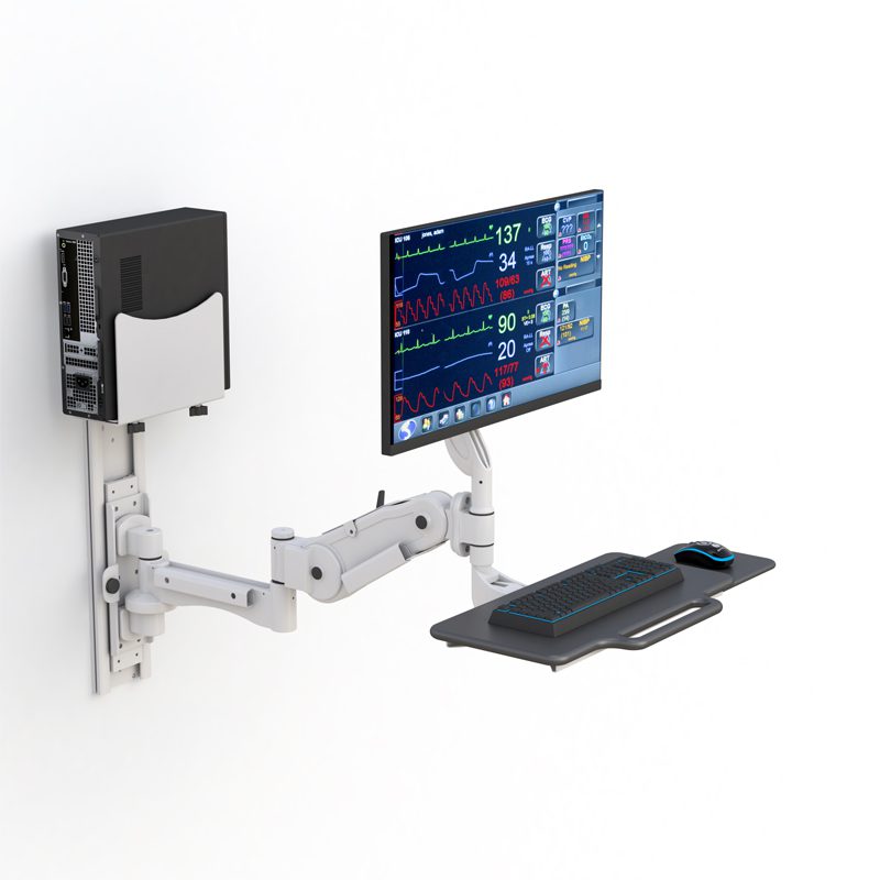 AFC Medical Furniture: Maximize Efficiency with Computer Workstation Wall Mount - Secure and Durable Installation 7 Close-up detail of CPU holder beneath keyboard tray and rear cable management channel.
