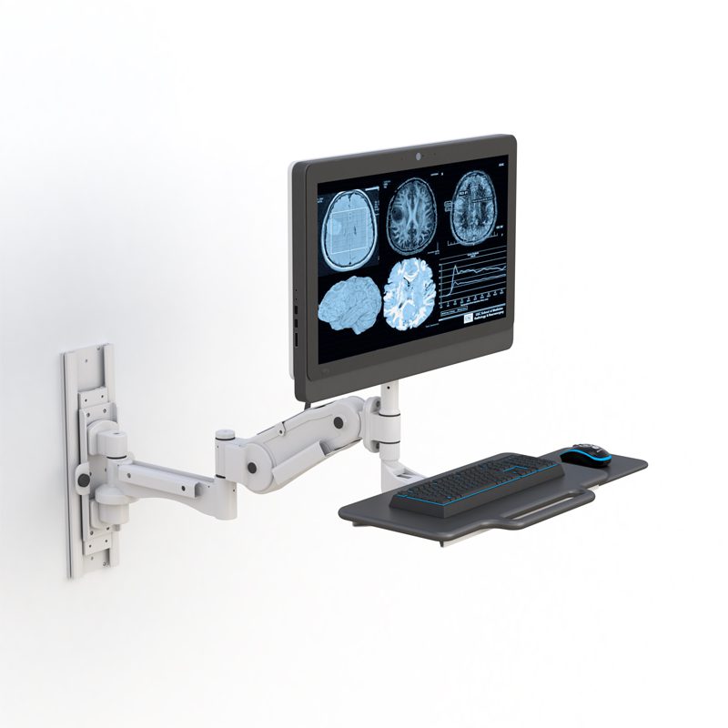 Ergonomic Productivity: AFC's Wall Mounted Computer Display and Keyboard Arm 8 Rear perspective highlighting integrated cable management and safety stoppers on track ends.