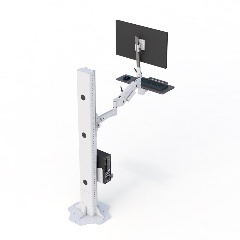 Maximize Productivity: AFC Floor Stand Computer Monitor Arm 5 Rear angle showing cable management and screen alignment on the triple monitor desk stand clamp.