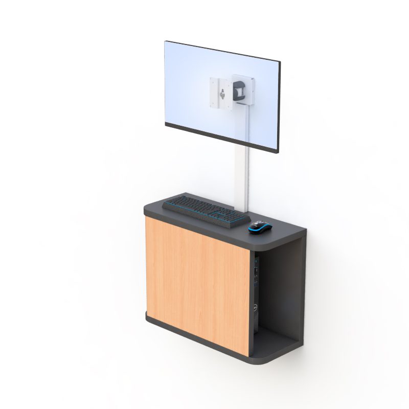 AFC Complete Computer Set Wall Mount: Streamlined and Space-Saving Workstation Solution 3 Front view of workstation combo with monitor arm positioned and keyboard tray extended.