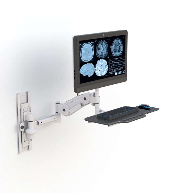 Ergonomic Productivity: AFC's Wall Mounted Computer Display and Keyboard Arm 7 Angled shot demonstrating full swivel range and ergonomic positioning of monitor and keyboard.