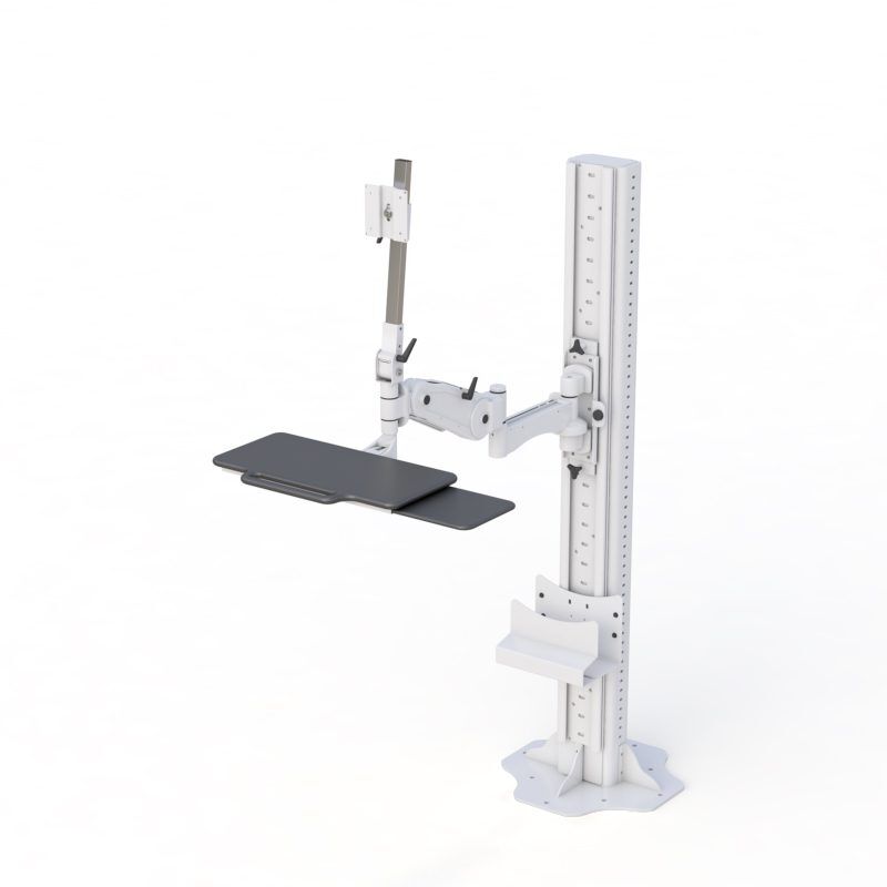 Maximize Productivity: AFC Floor Stand Computer Monitor Arm 4 Close-up of clamp mechanism securing the triple monitor stand to the edge of the industrial workstation.