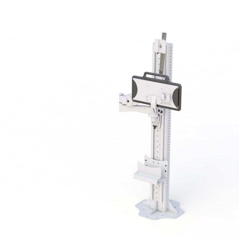 Maximize Productivity: AFC Floor Stand Computer Monitor Arm 3 Side profile of adjustable triple monitor desk stand clamp showing arm articulation and clamp base.