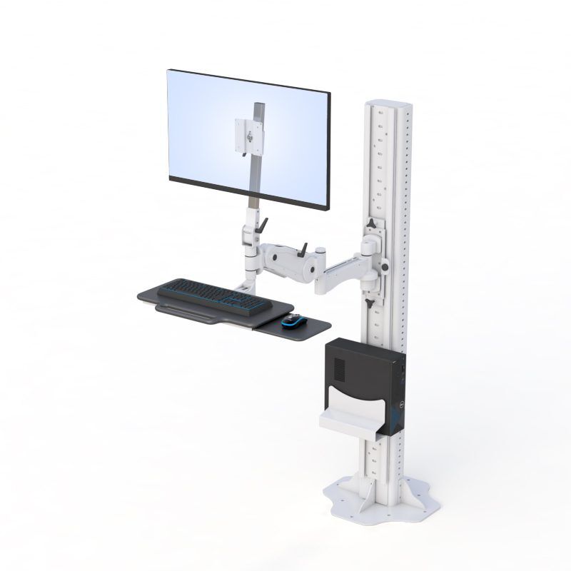 Maximize Productivity: AFC Floor Stand Computer Monitor Arm 2 Front view of triple monitor desk stand clamp with three screens mounted above an industrial computer desk.