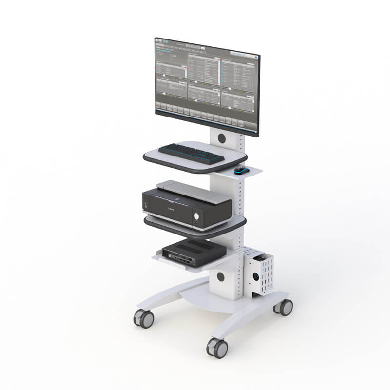 Carro de ordenador ergonómico con ruedas 1 A rolling computer and monitor stand by AFC, designed for mobility and ergonomic workspace organization.
