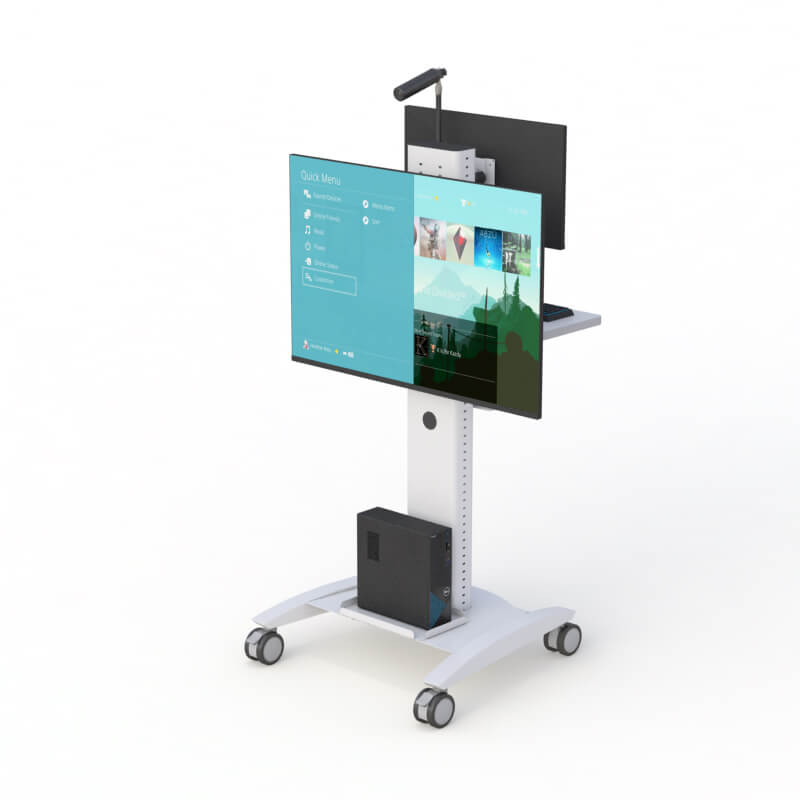 Transform Patient Care with AFC's Telemedicine Hospital Computer Cart - Your Mobile Medical Assistant 1 A large flat screen stand on wheels, designed for easy mobility and stability in various settings, featuring a sleek design.