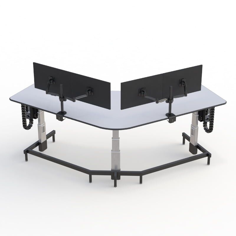 AFC's Standing wide-angle workstation with electronic height adjustments 4 Telehealth desk featuring modern design with AFC branding.