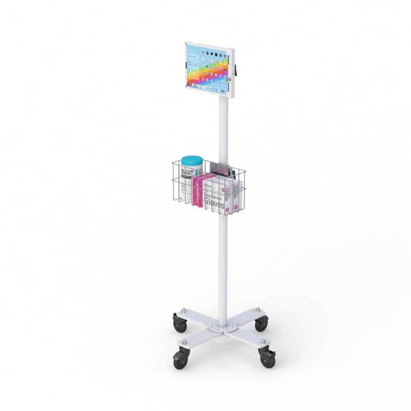Mobile Tablet Cart with Storage Basket from "AFC" 1 Ergonomic Tablet cart by AFC A mobile cart designed to hold and transport tablets. Convenient and user friendly solution for tablet storage and mobility.