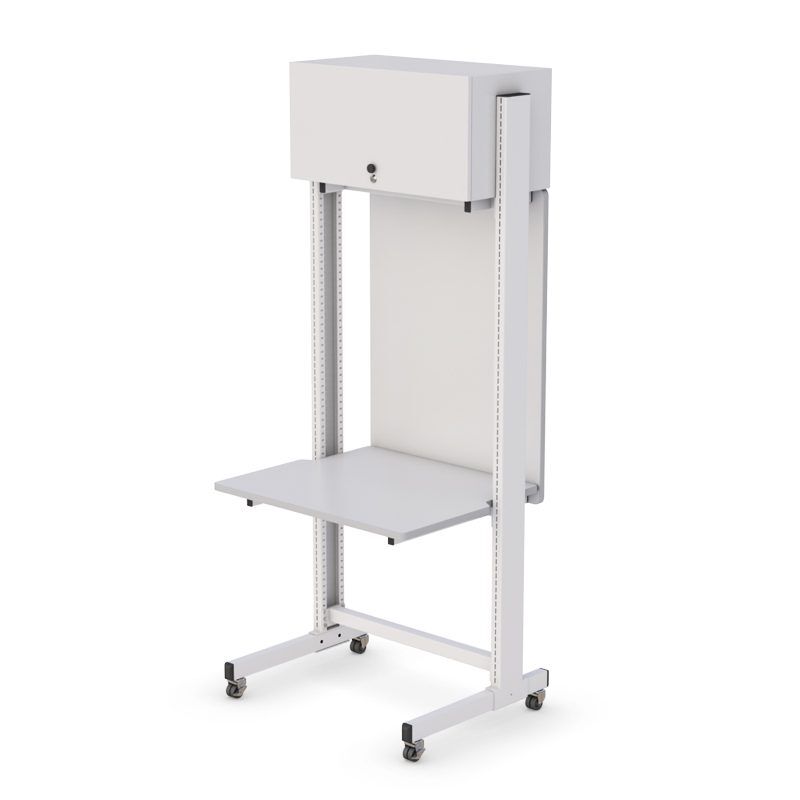 Smart Rack Single-User Station with Privacy Panel and Top Flipper Cabinet 1 AFC's Smart Rack workstation for advanced tech setups.