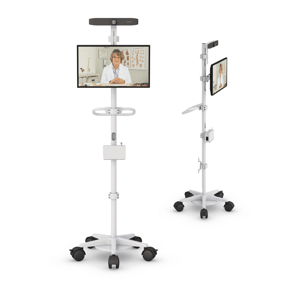 RCMC-10 Telehealth Communications Cart With Poly Studio P15 Camera 2 AFC's lab carts with monitor mount for organized lab setups.