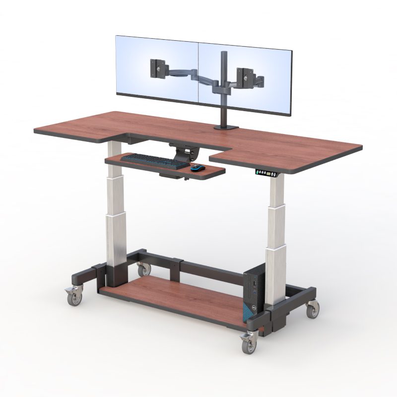 AFC Medical Furniture: Transform Your Work Environment with the Computer Standing Station 6 Telemedicine desk setup with ergonomic chair, computer monitor at eye level, and proper keyboard placement.