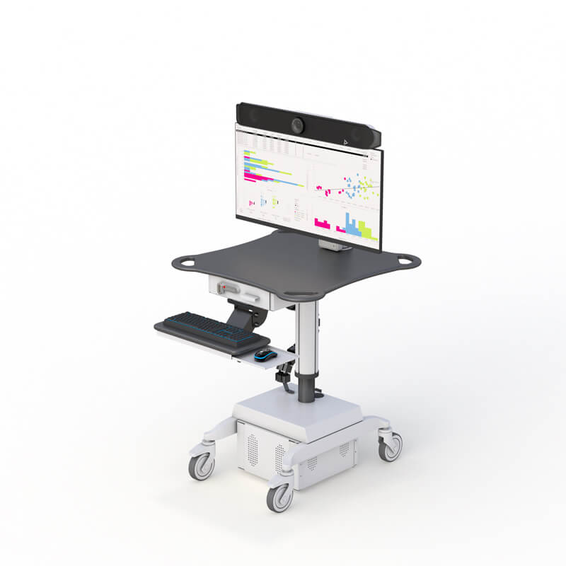 Ergonomic Monitor Cart with Poly Studio X52 Mounting Solution 2 Adjustable height feature demonstrated on monitor cart