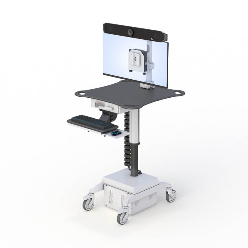 Ergonomic Monitor Cart with Poly Studio X52 Mounting Solution 6 Close-up of the Poly Studio X52 securely mounted on the ergonomic cart